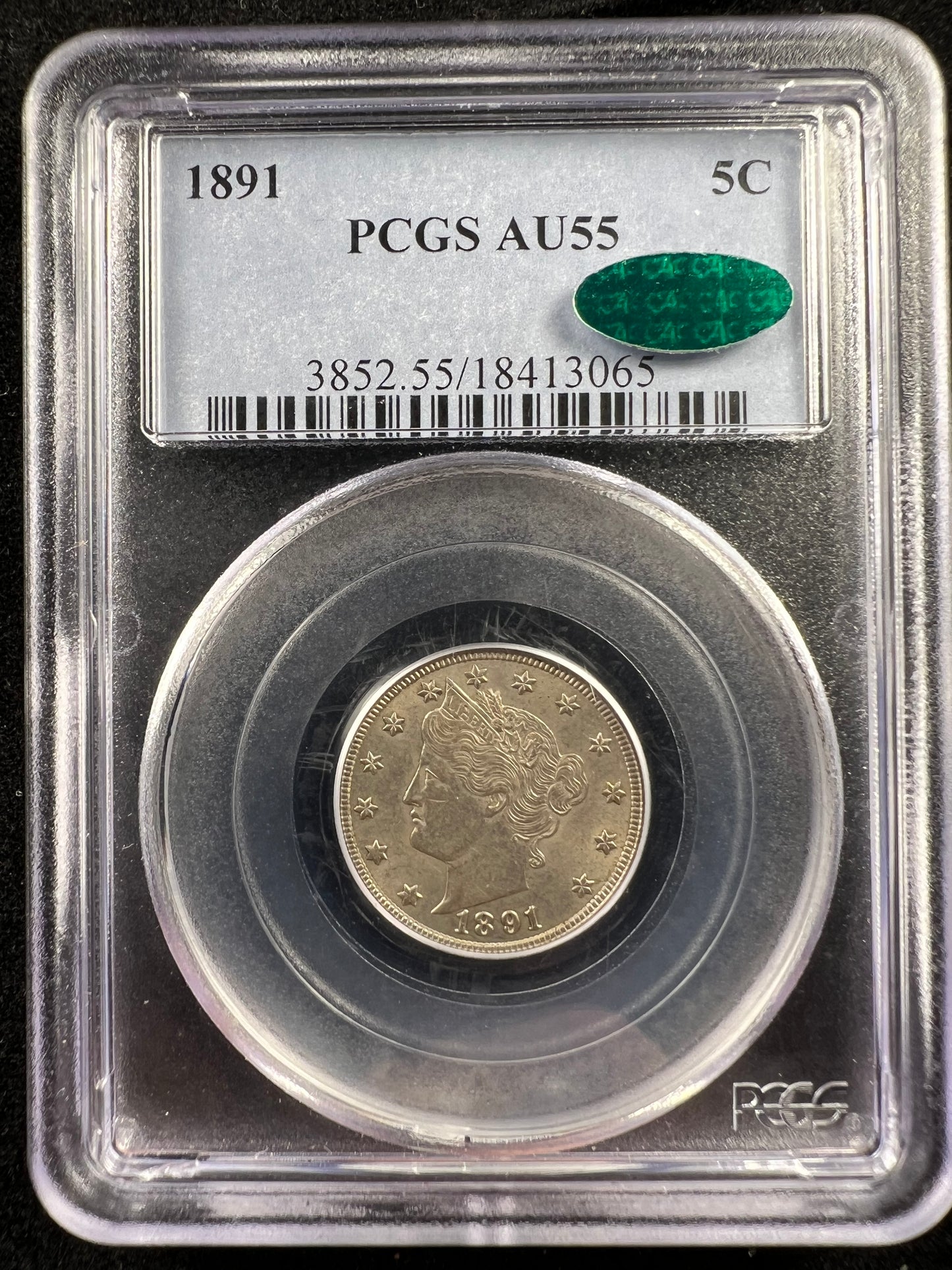 1891 5c Liberty V Nickel PCGS AU55 CAC
