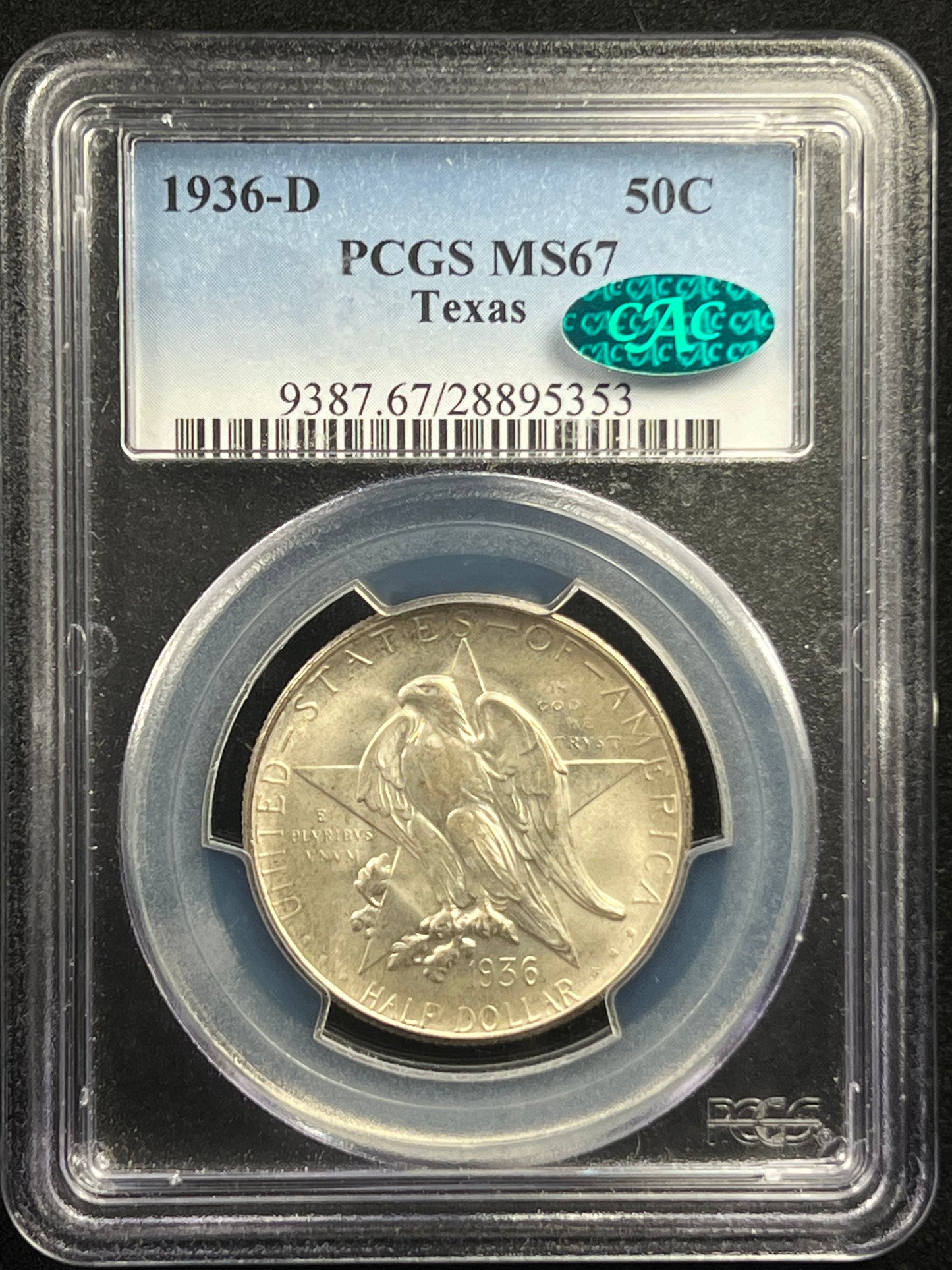 1936-D 50c Texas Commemorative Half Dollar, PCGS MS67 CAC
